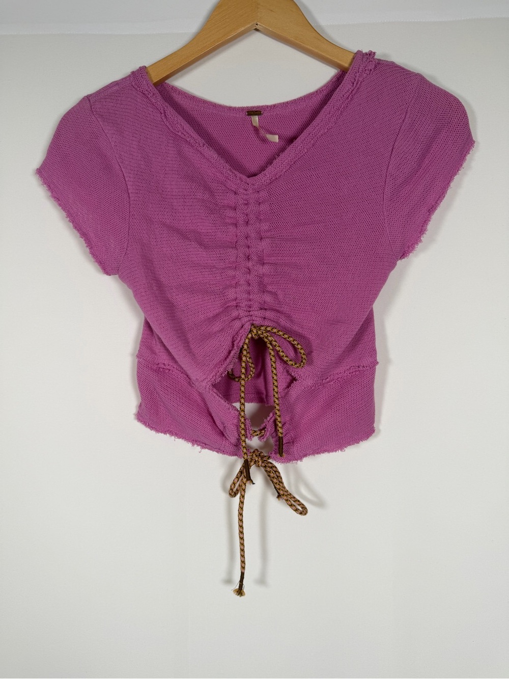 Free People Boho Mesh Ruched Tie-Front Crop Top in‎ Magenta